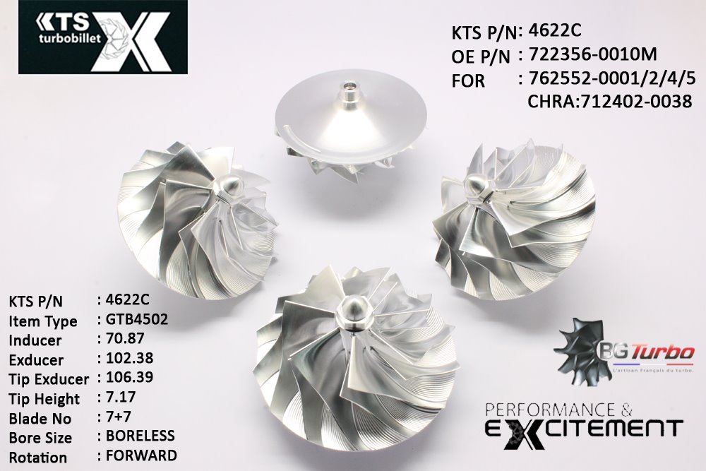 Turbo ROUE FORGÉE MFS PERFORMANCE - 7+7 PALES - INDUCER : 70,87 - EXDUCER : 102,38 - TYPE : GTB4502ANGLE : 45° - ROTATION : Forward - SUPER BACK : 20,83 - BORE SIZE : 8,27
